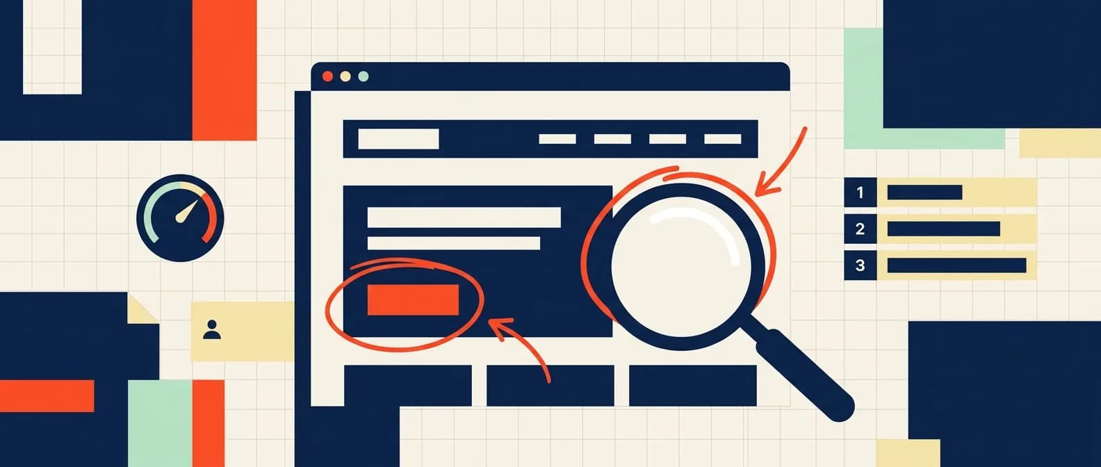 A landing page being inspected, with issues circled and a ranked list of fixes